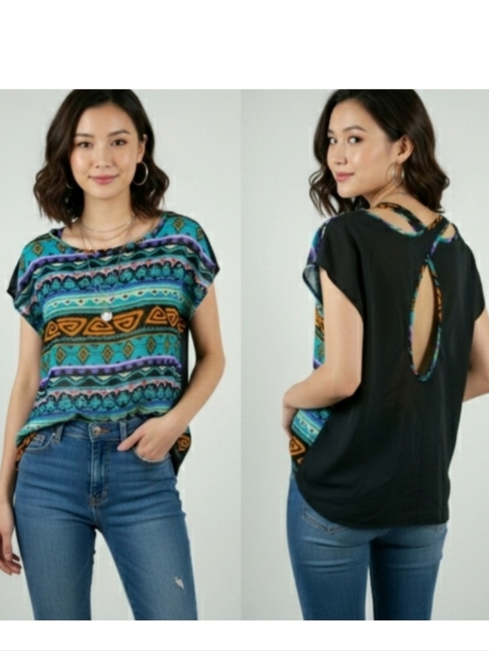 Peppermint sheer colorful Short Sleeve top with criss-cross back Women's small